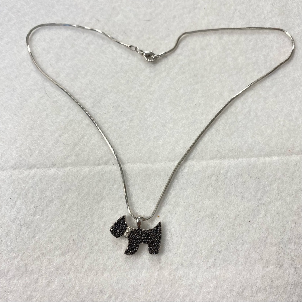 Scottish Terrier Dog Pendant Necklace 16” Silver-tone Blk Pave gems Snake Chain